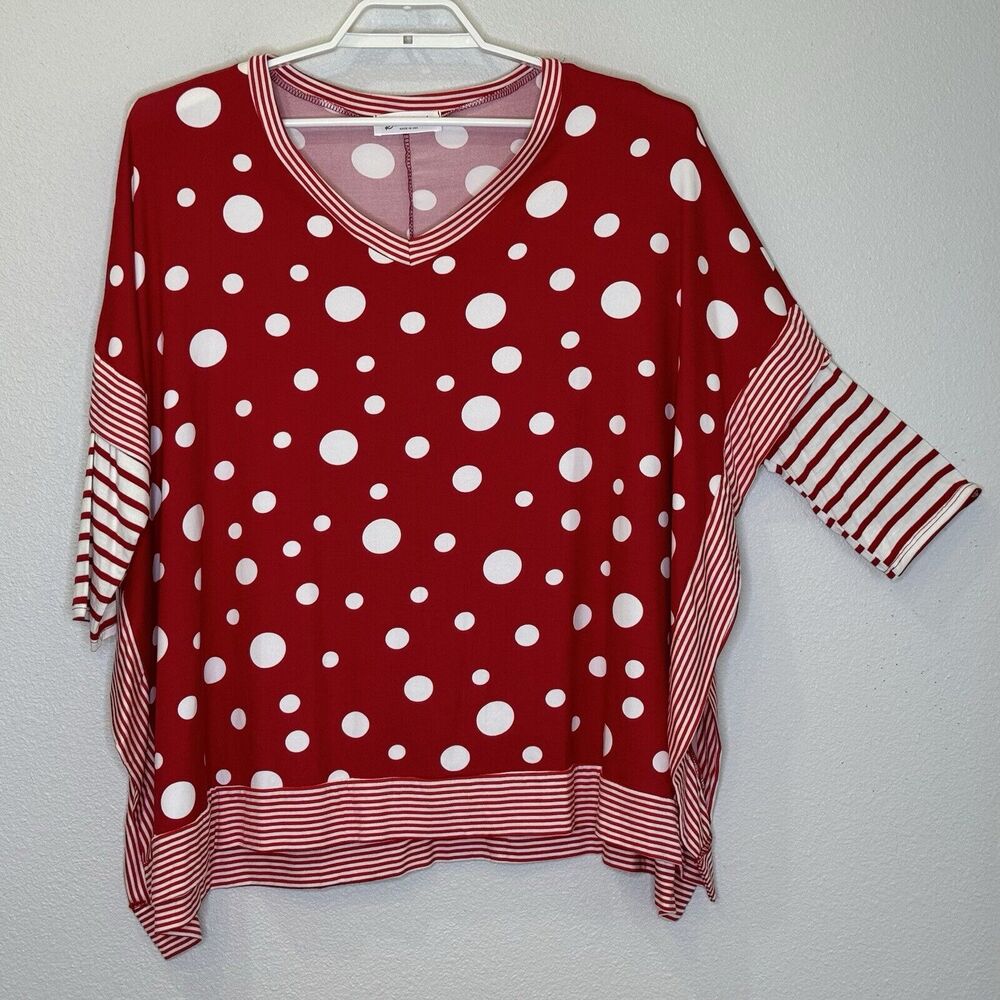 Rae Mode Womens Tunic Top Sz 1XL Red White Polka Dot 3/4 Sleeve V-Neck Oversized